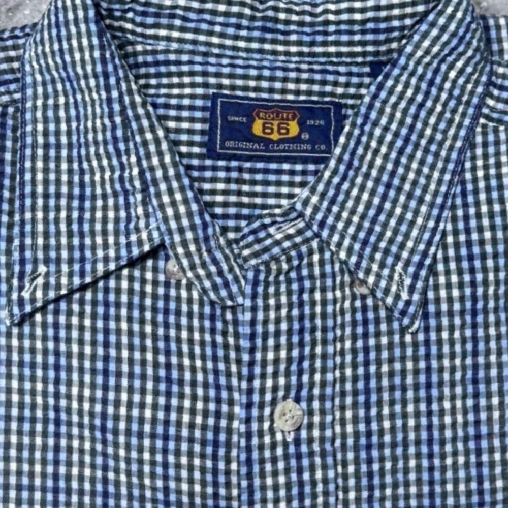 Route‎ 66 Shirt Woven Gingham Blue Green Large Mens Short Sleeve Button Down
